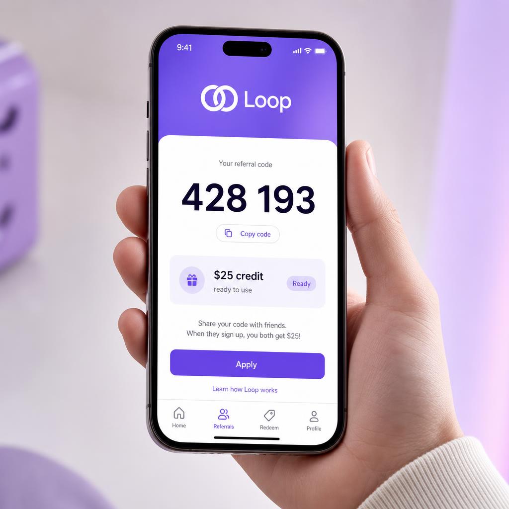 Loop wallet app showing a customer's 6-digit referral code and $25 credit
